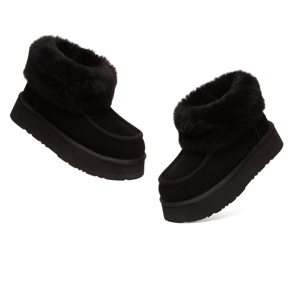 EverUgg Loofee UGG boots in plush, tan suede with shearling lining, showcasing their cozy and stylish design.