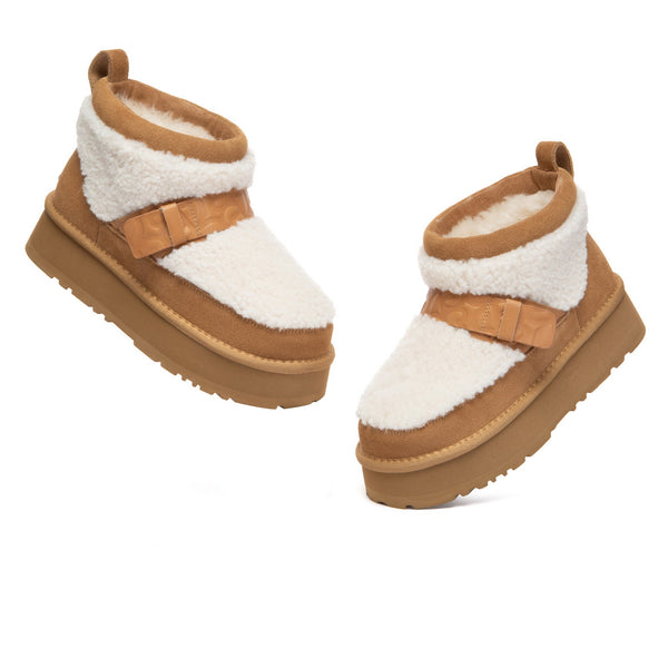EverUgg Short Maphie UGG boots in beige with plush fur lining and rugged rubber soles, stylish and cozy footwear.